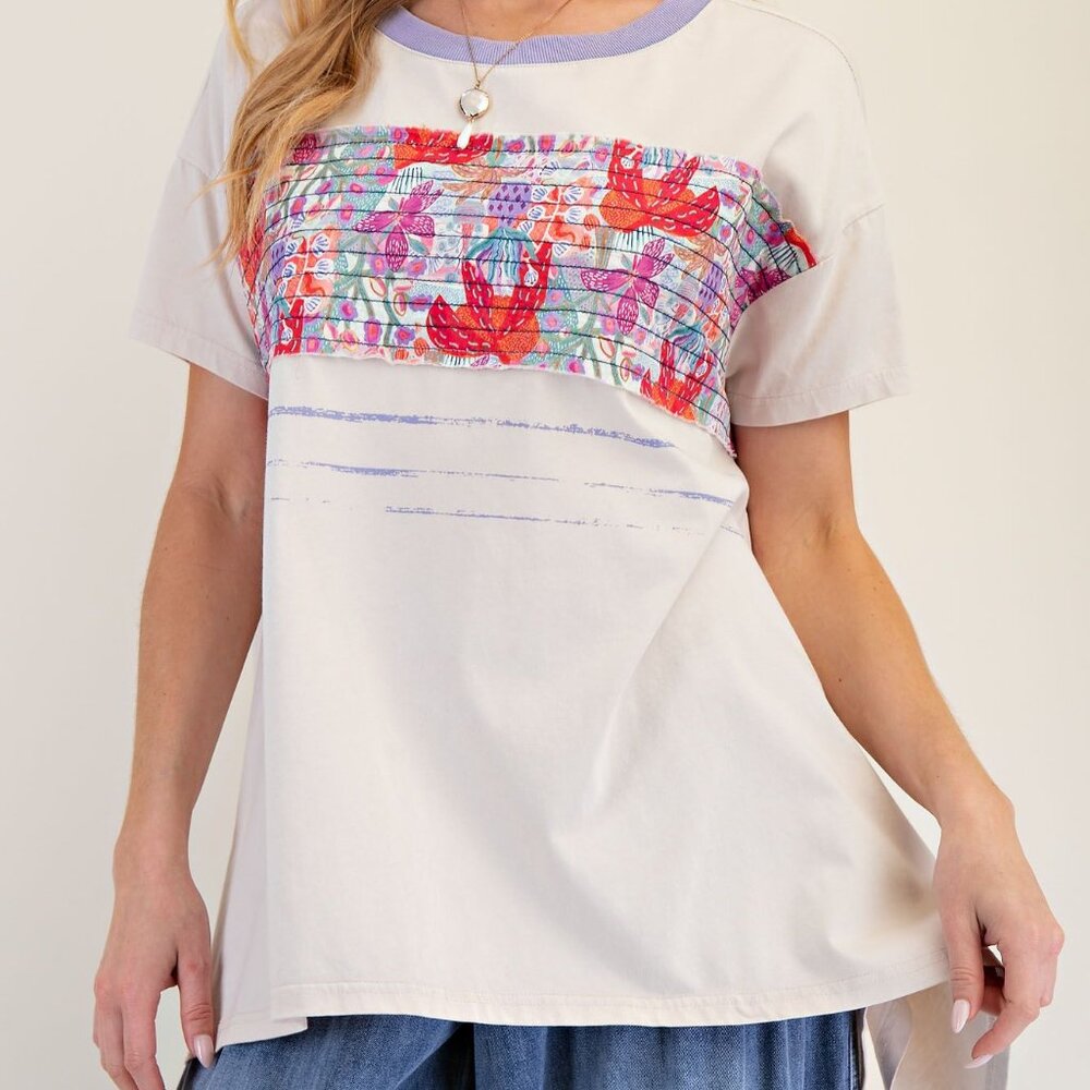 3-0503 Easel Floral Ribbon Patch Shark bite Cotton Tunic Top